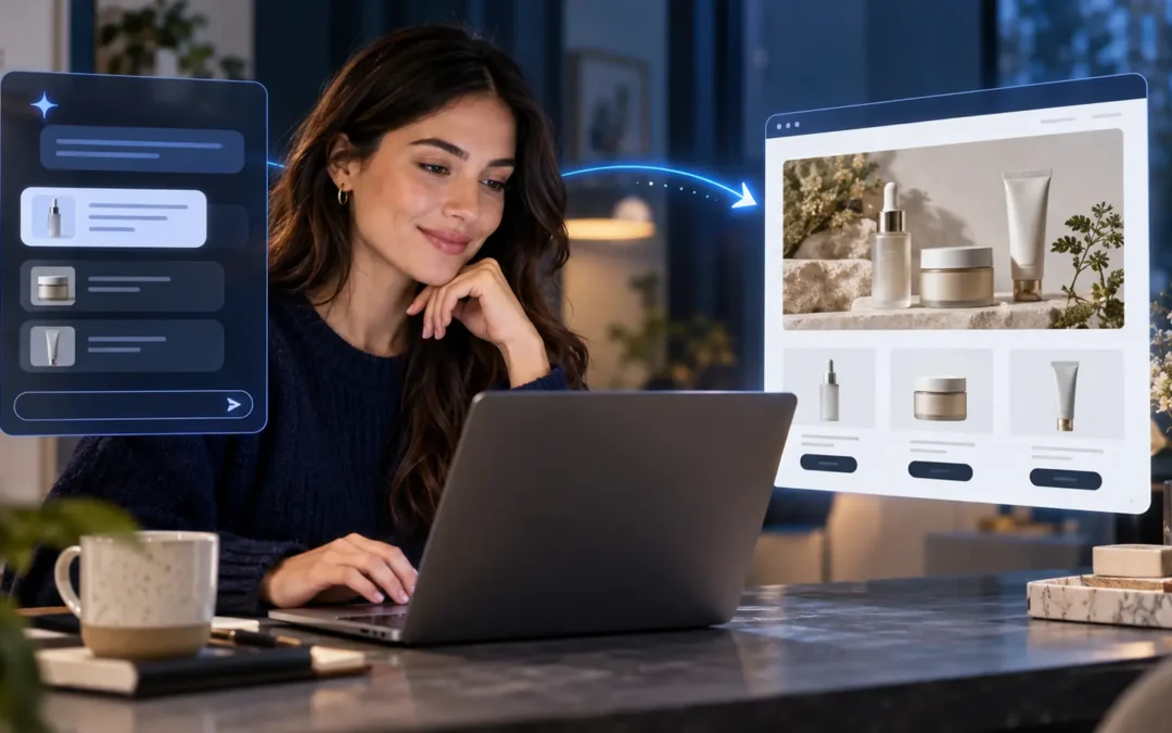 Compradora llega a una tienda online después de investigar productos con un asistente de inteligencia artificial